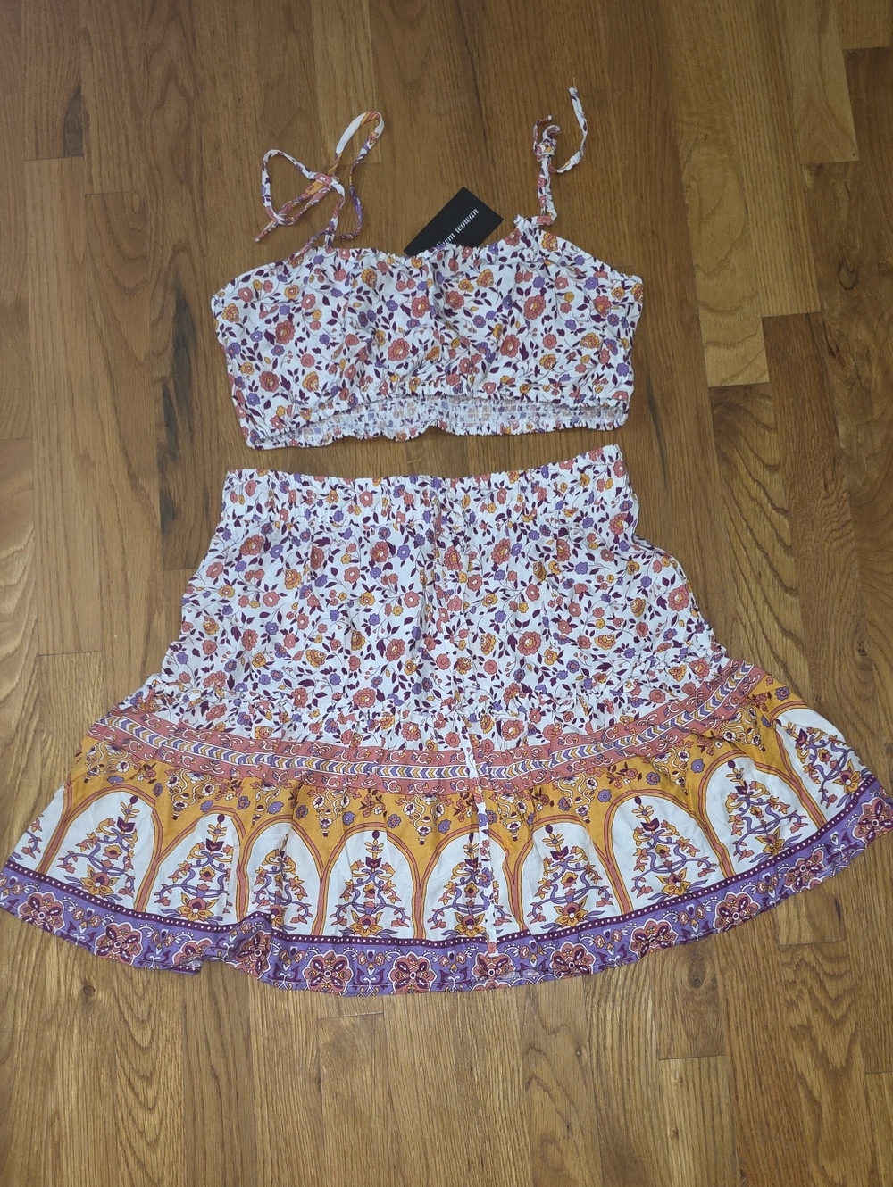 Two-Piece Bo-ho Floral Cropped Top & Skirt Set — White, Purple & Mustard